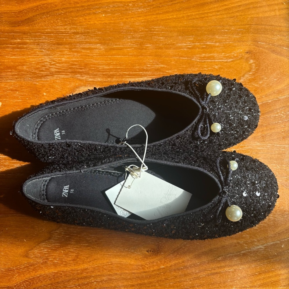 ZARA Pearl Ballet Flats Black - NWT size 38